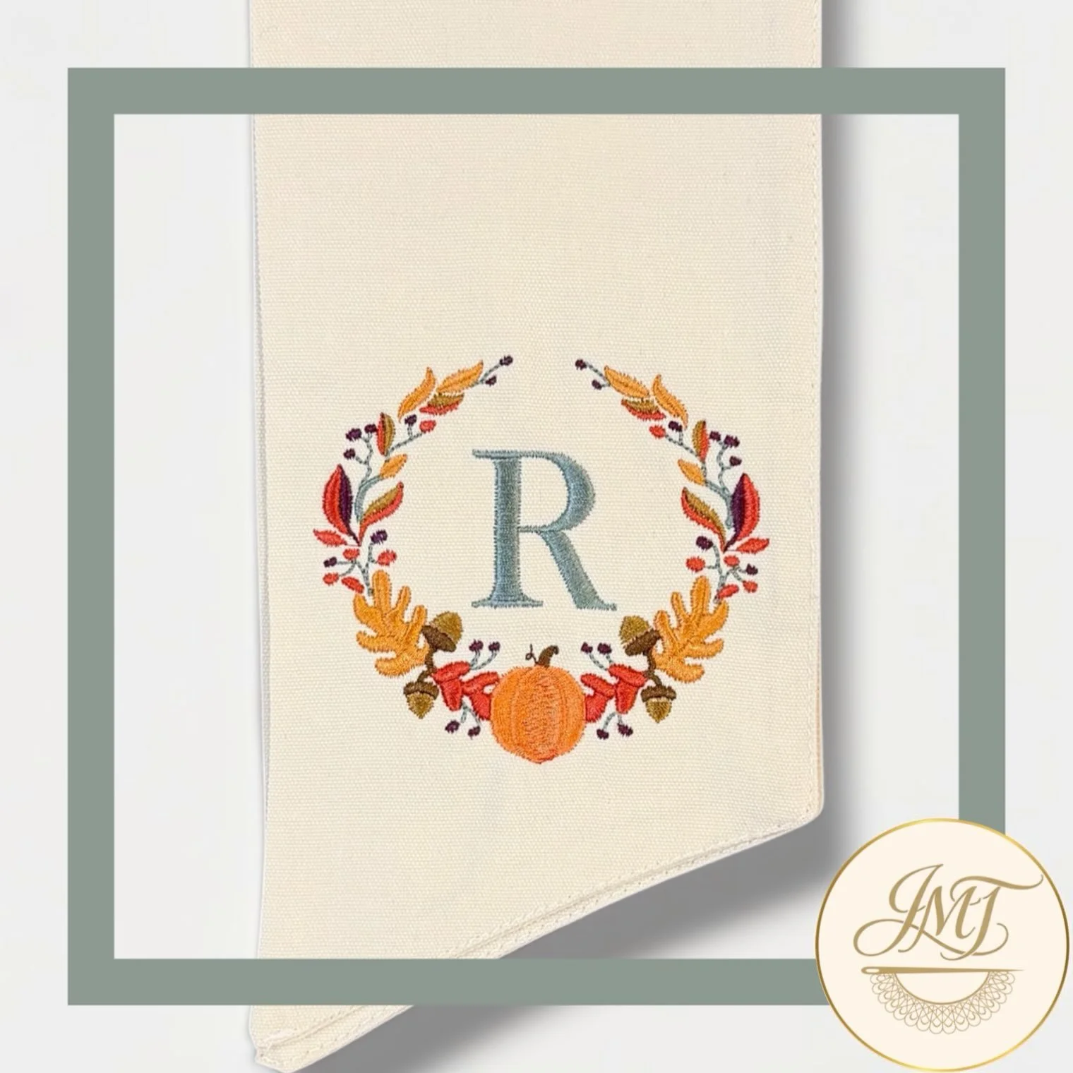 Fall wreath design on a khaki sash 🍁🪡🧵