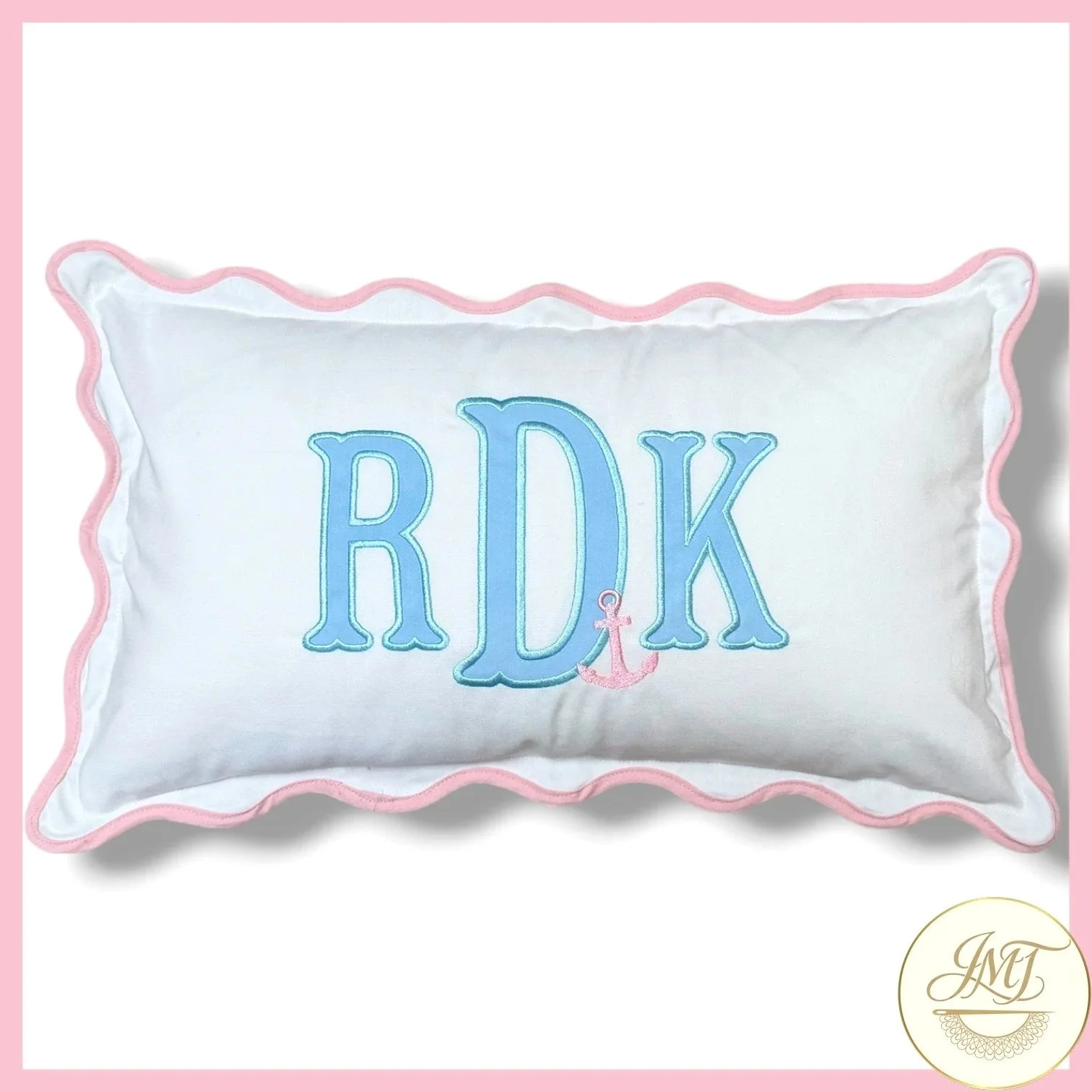 Applique accent pillows can have straight trim or scalloped trim. This pink scalloped trim pillow features a special request - a sorority chapter symbol for extra personalization. 
