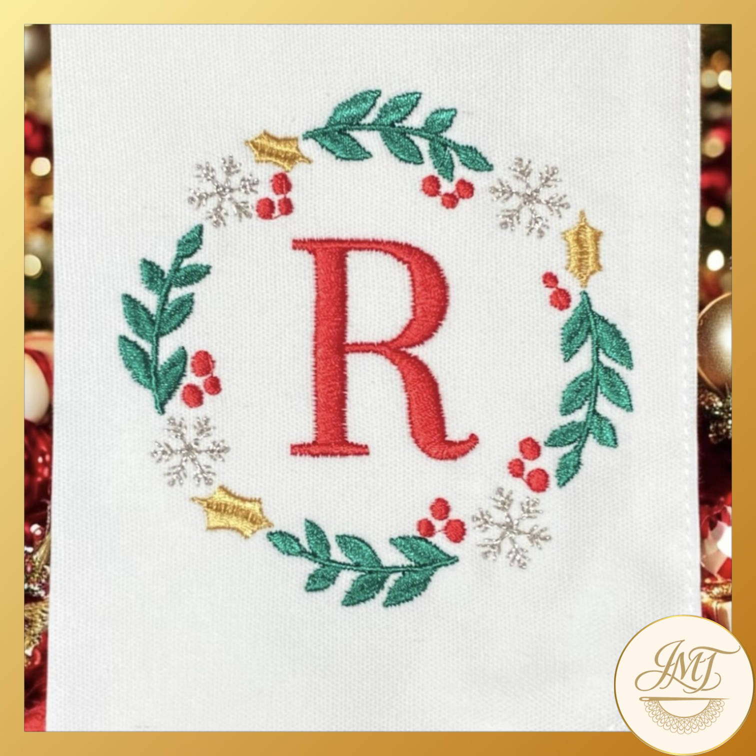 Winter Wreath Premium Initial on a white sash.
