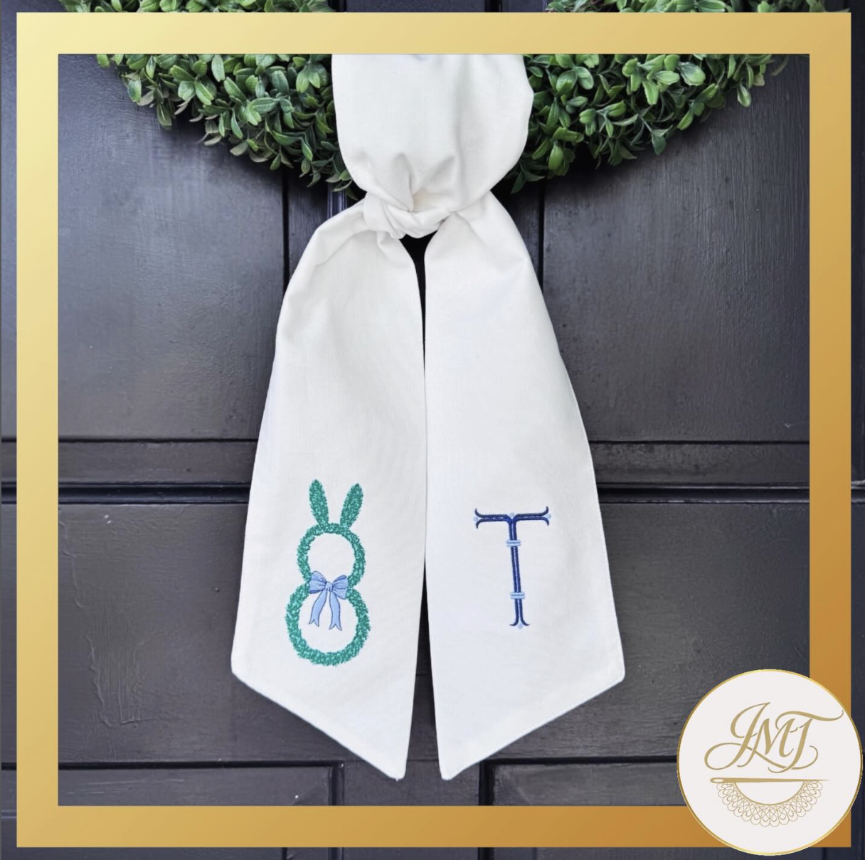 Topiary Bunny design and a Standard Initial on a white sash.