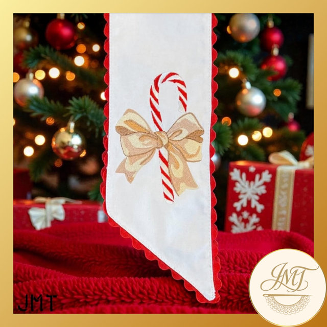 Candy cane design on a red ric rac trim sash.