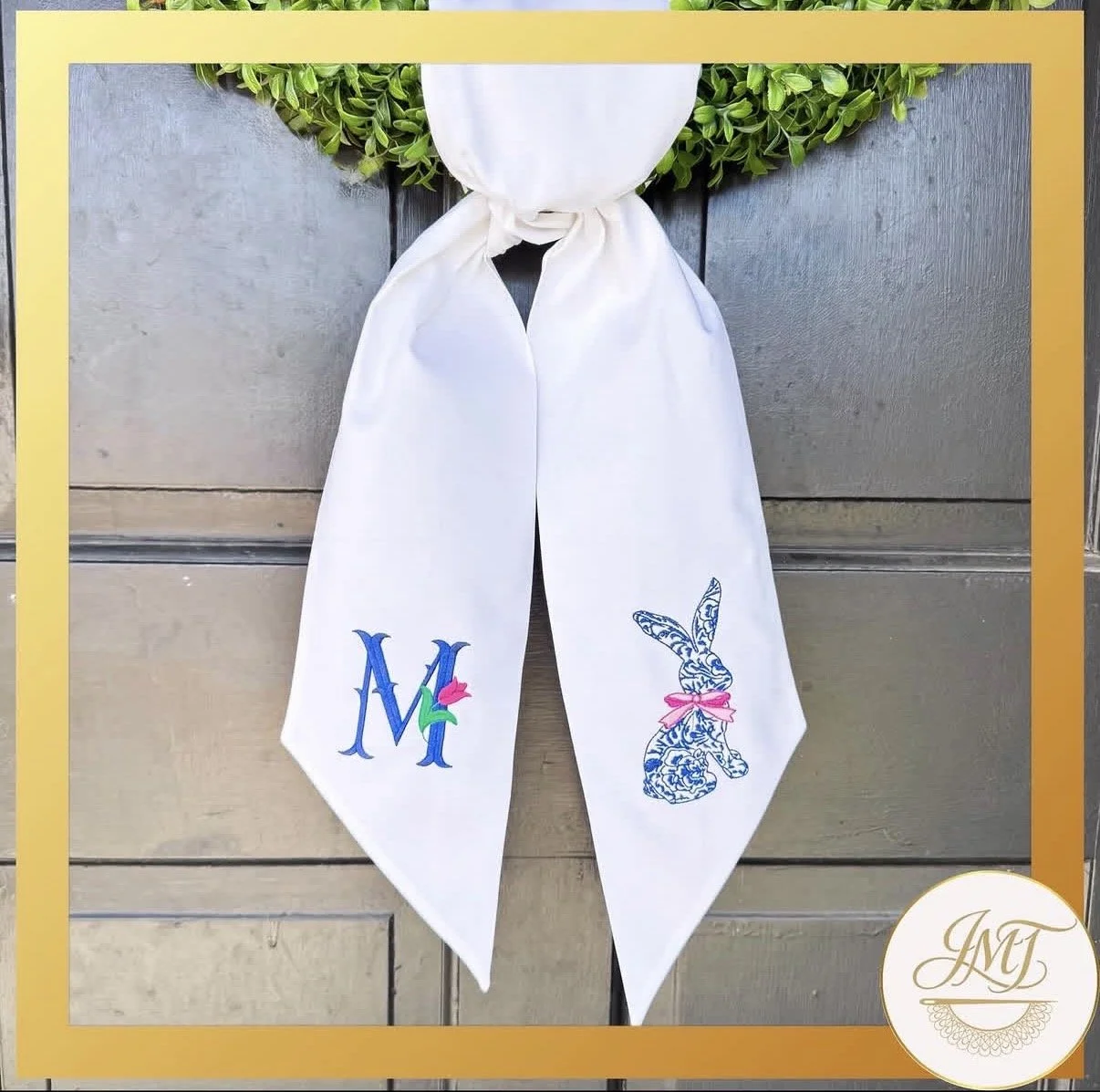 Tulip Premium Initial and Chinoiserie Bunny design on a white sash. 