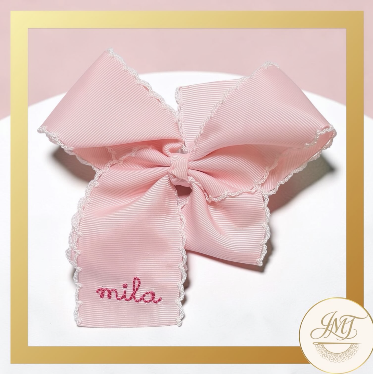 These large, 5" bows are available for purchase. They are wide enough for embroidered initials, short names, and/or designs. Ask me about available colors.