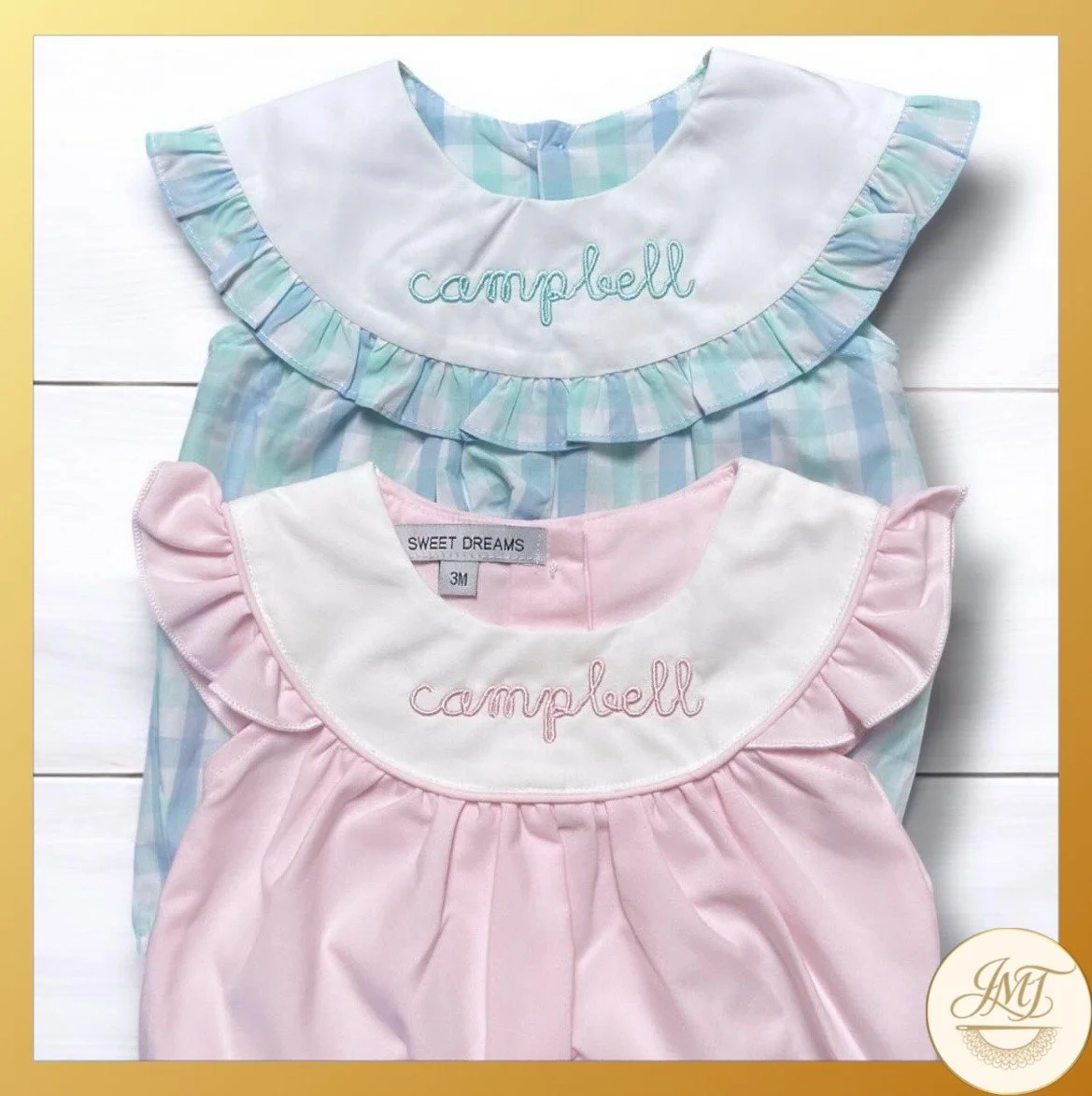 Classic baby bubble romper with embroidered name.