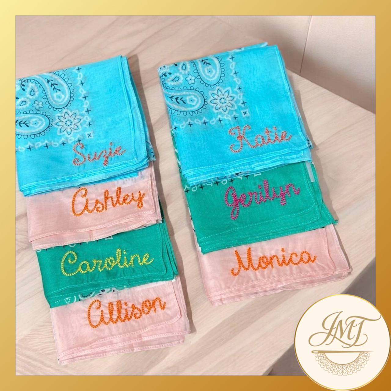 Embroidered bandanas are popular for group trips, family reunions, and other fun events.