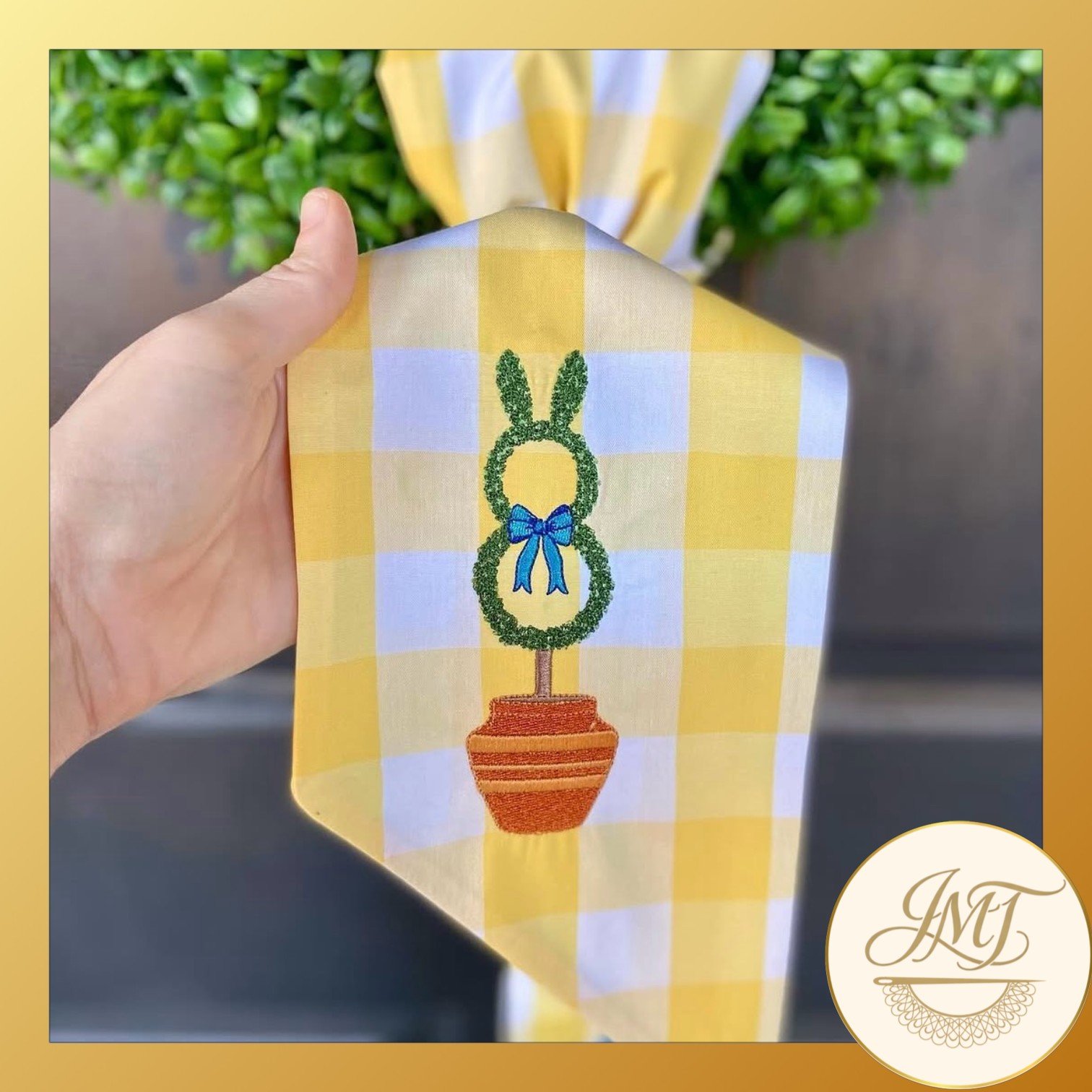 Potted Bunny Topiary design on a yellow gingham sash.