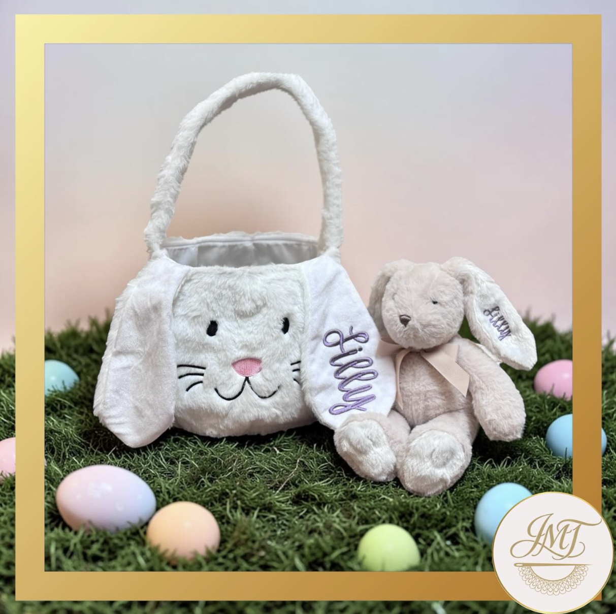 Coordinating embroidered baskets and bunnies are popular at Easter. I typically have some blank baskets and bunnies available for purchase seasonally or you can provide your own!