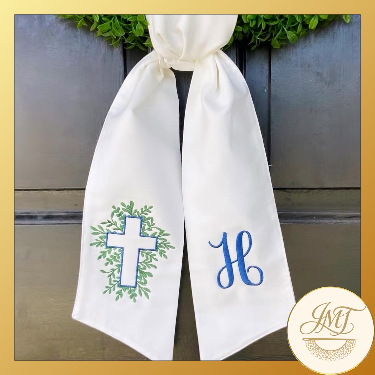 Boxwood Cross design and a Standard Initial on a white sash.