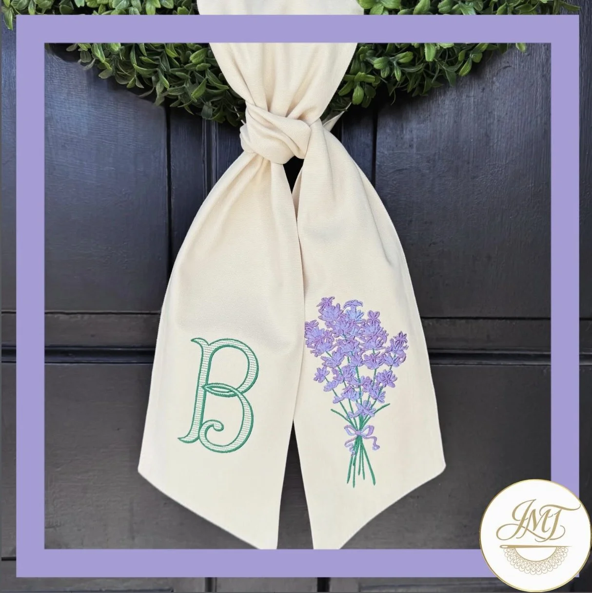 Standard Initial and a Lavender design on a khaki sash.