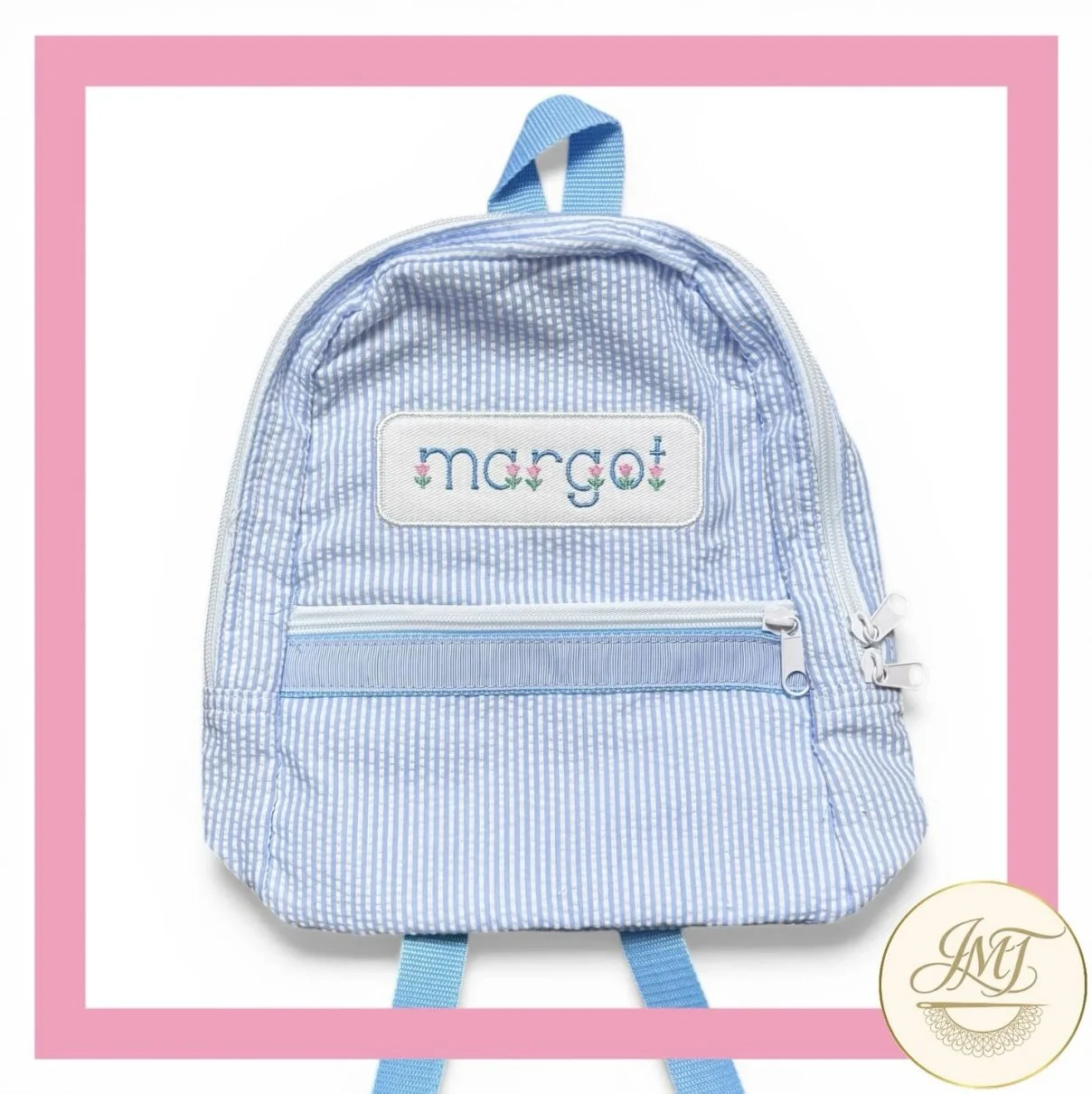 Got hand-me-downs? This backpack was already embroidered with Big Sister's name. To reuse it, the old name was covered with white cotton fabric, and Little Sister's name was embroidered on top. 