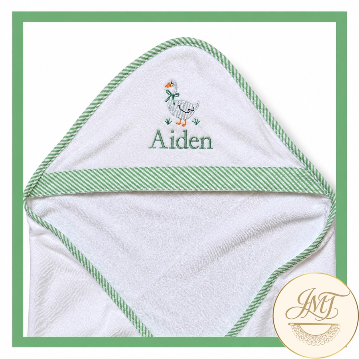 Ask me about these thick, plush hooded towels. They are so soft for baby and can be personalized with a name and cute design.