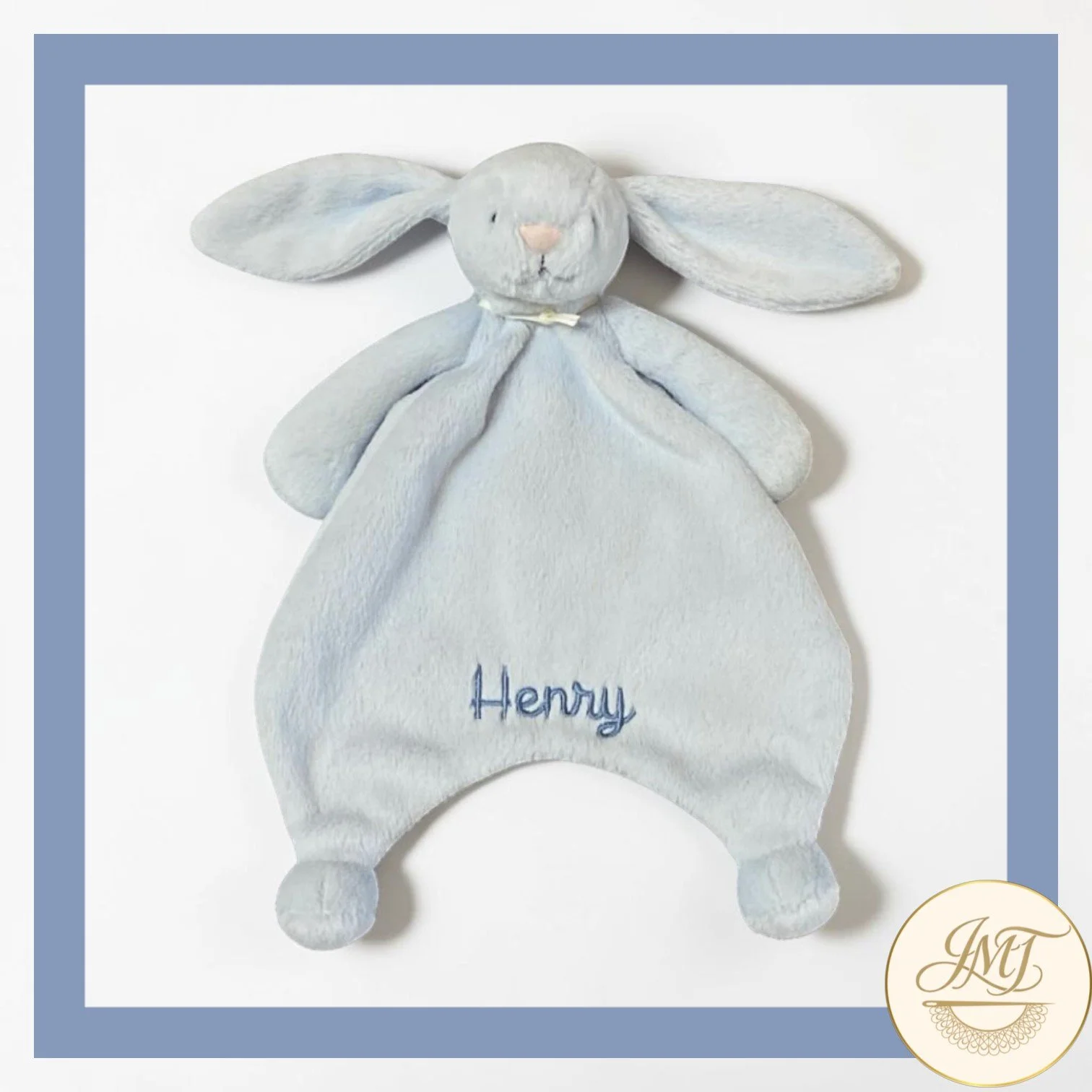 An embroidered Jellycat-brand plush lovey for baby Henry.