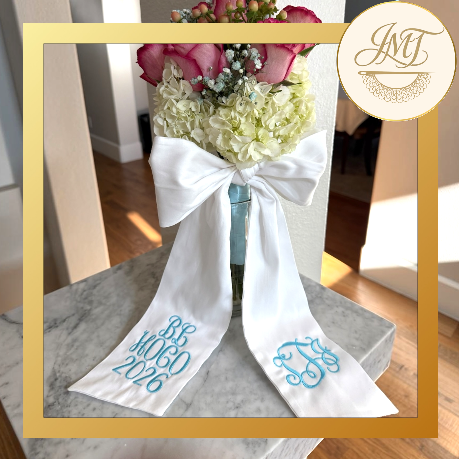 Sateen bow sash with both sides embroidered.