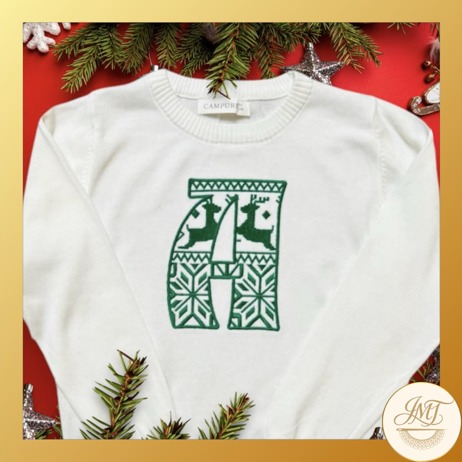 Jazz up a knit sweater with a festive Nordic-style initial for Christmas. Ask about other holiday initial fonts to see several cute options.
