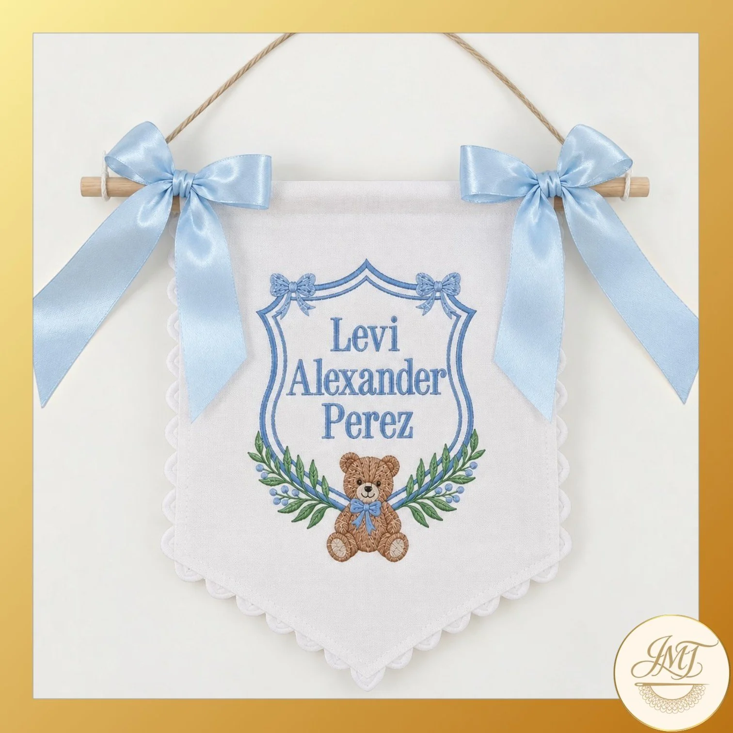 Baby banner with detachable pink or blue satin bows - typically brought to the hospital and used in newborn photos. These parents picked a cute teddy bear theme for baby Levi. 