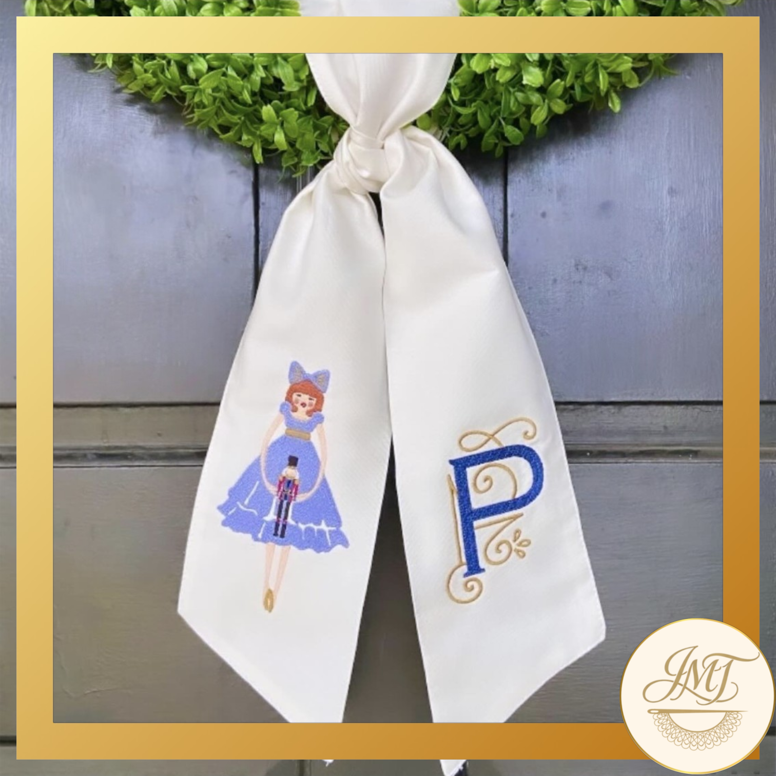 Another Nutcracker design with a Standard Initial on a white sash.