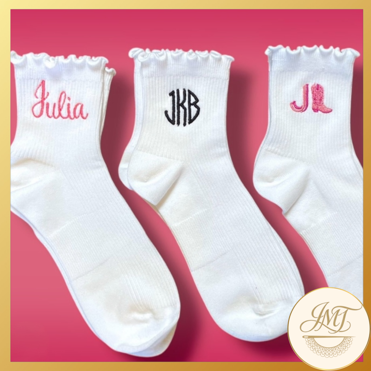 Socks can be embroidered with a short name, monogram, initial, or design.