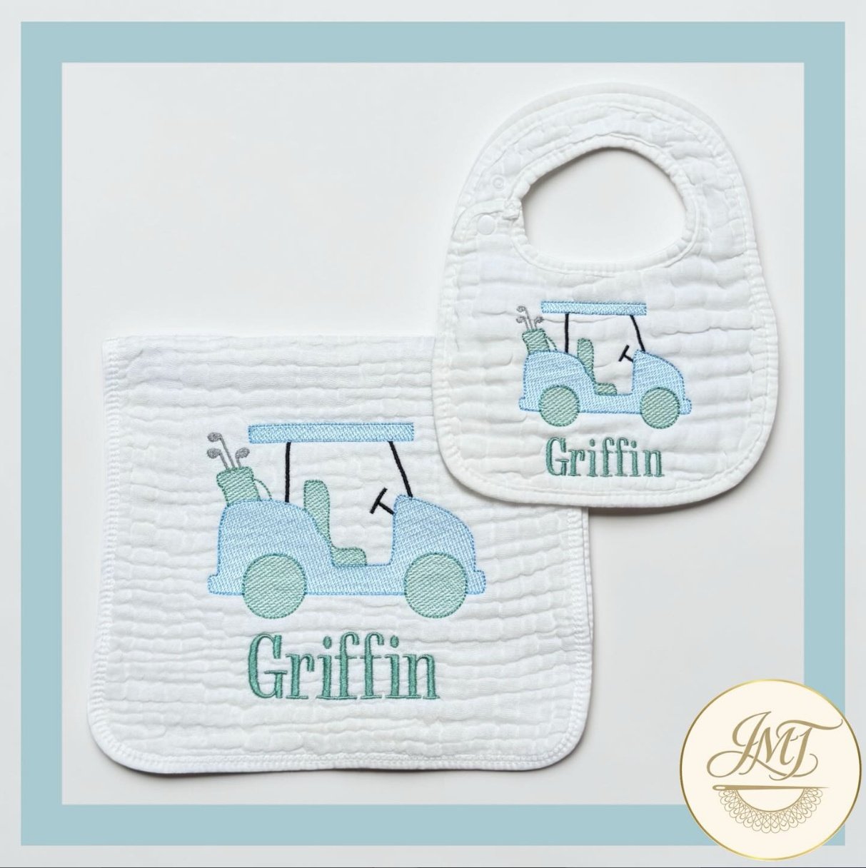 Muslin baby bib & burp cloth set for Dad's future caddie.