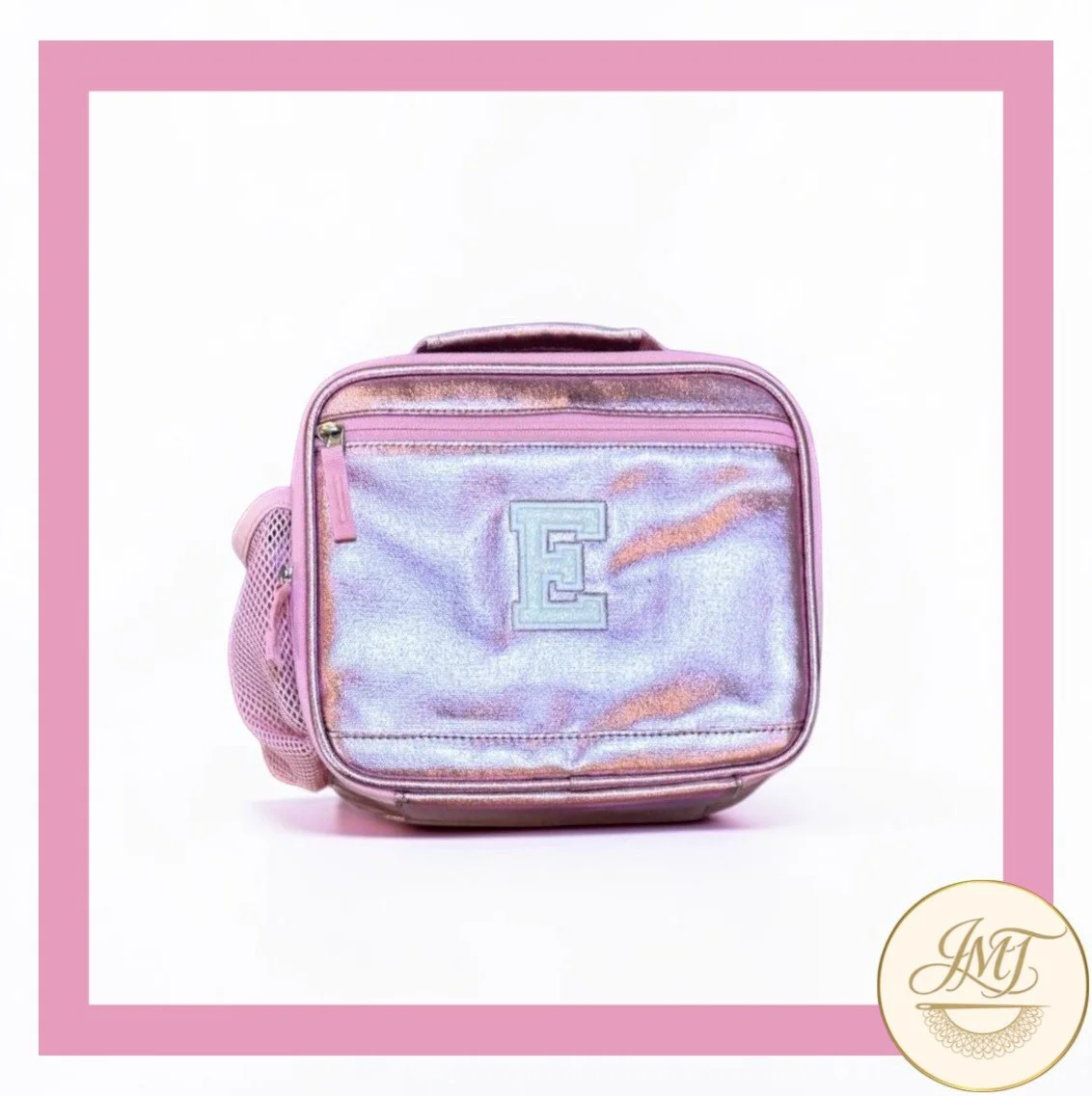 This applique embroidery lunch bag is layered with white glitter vinyl.