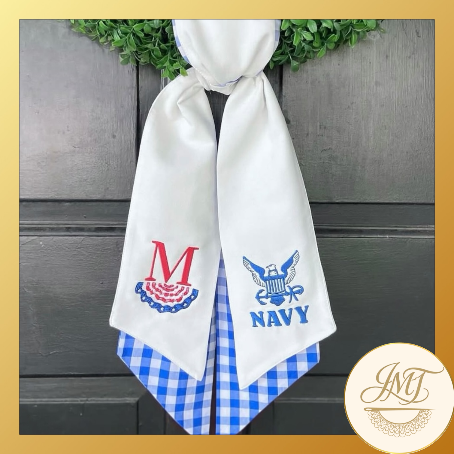 Armed forces-themed sash layered with a blue gingham sash.