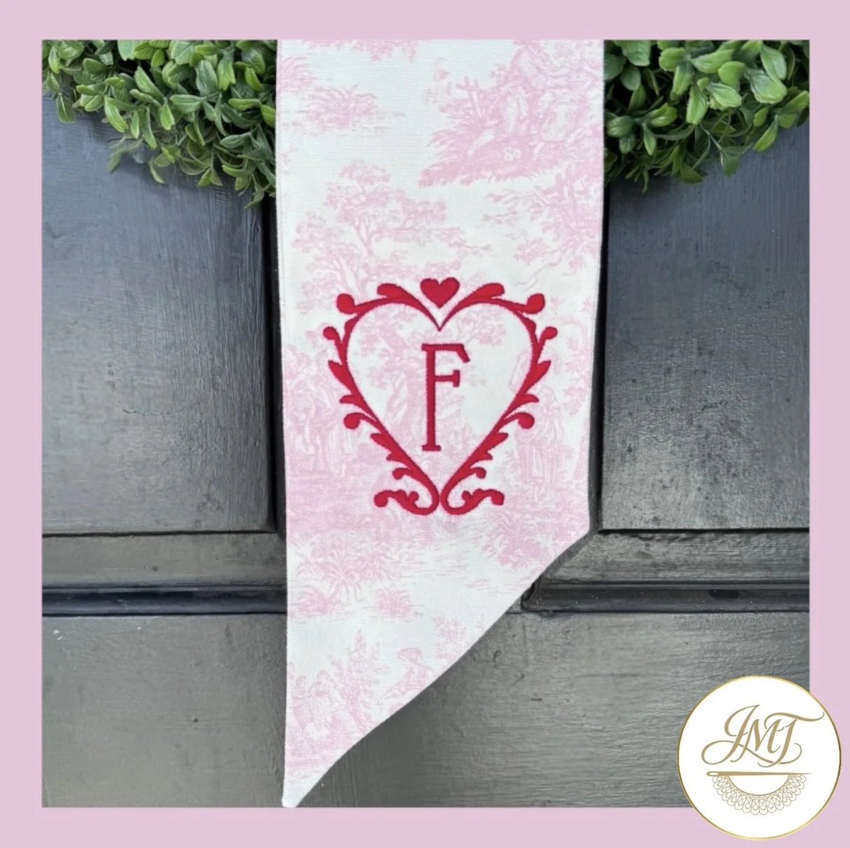 Valentine's Day heart frame on a pink toile sash.