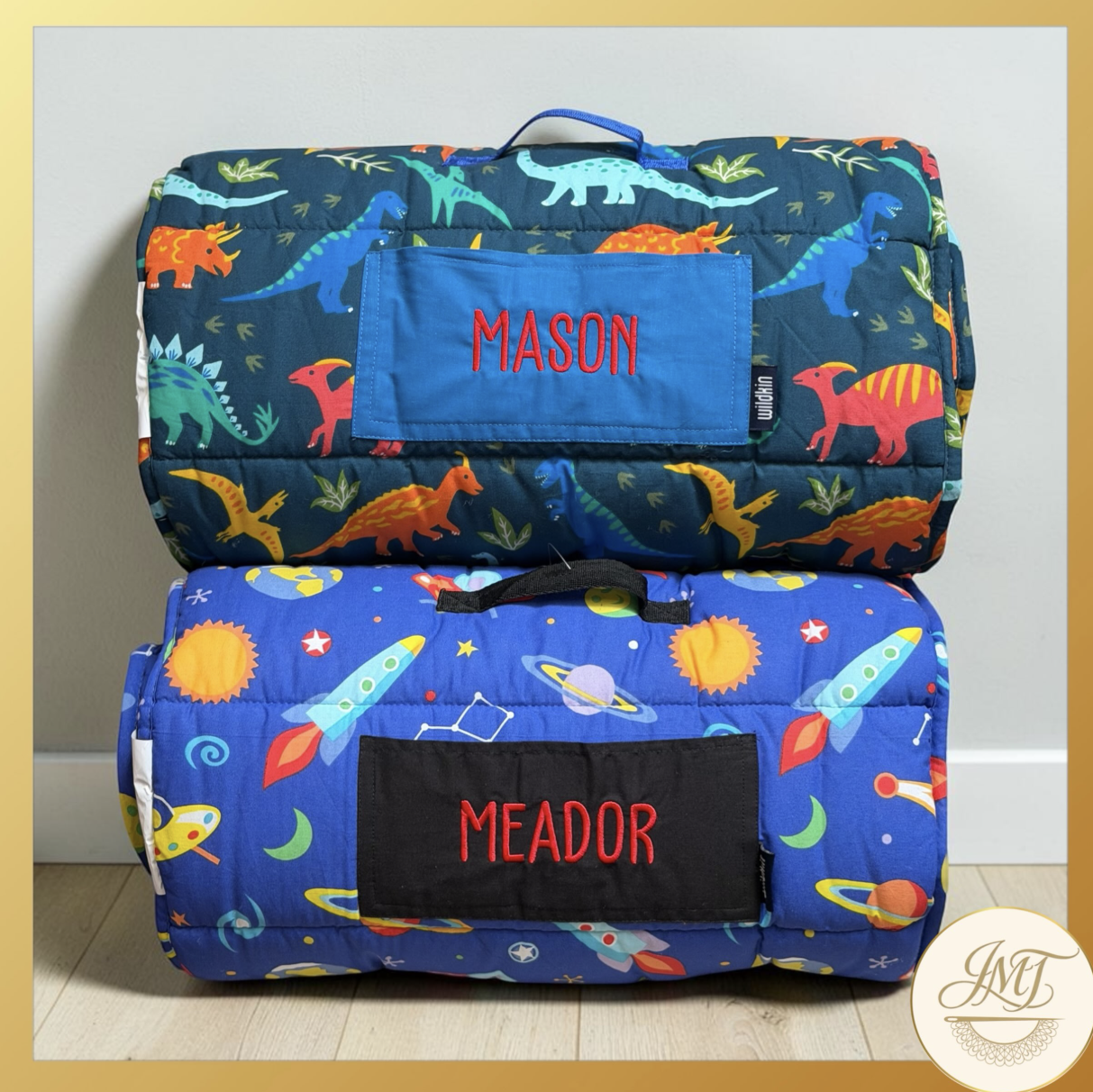 Almost any brand of nap mat can be embroidered. The Wildkin brand, available on Amazon, has so many cute prints, and the pocket on the front makes it easy to embroider.   