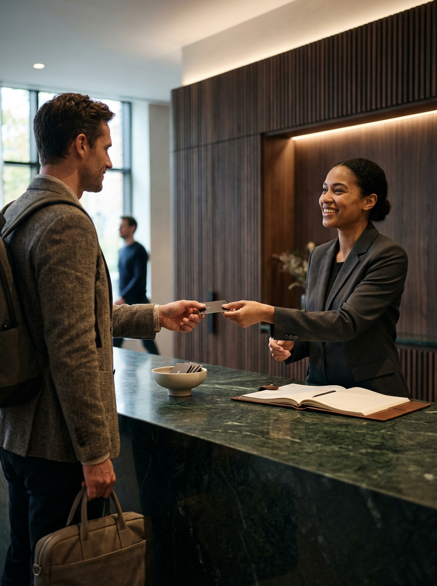 A man with a backpack receiving a room key from a smiling woman staff member at a hotel reception desk.