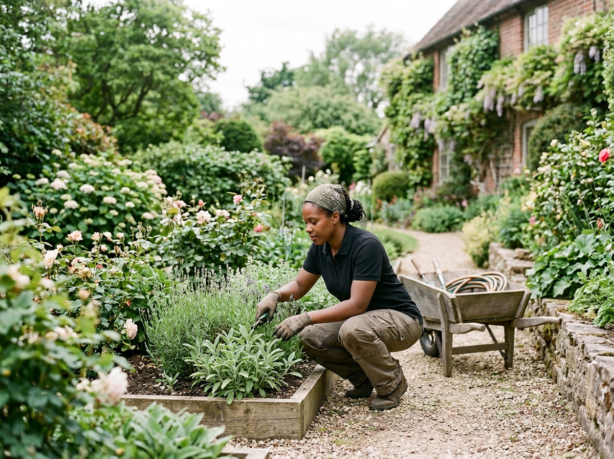 Woman gardening in a lush flower garden, planting or tending to plants near a bed of flowering shrubs and herbs, with a wheelbarrow nearby.