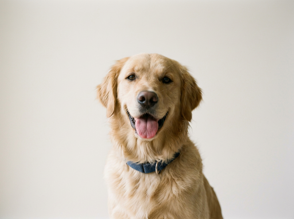 A happy golden retriever with a blue collar sitting against a plain light-colored background.