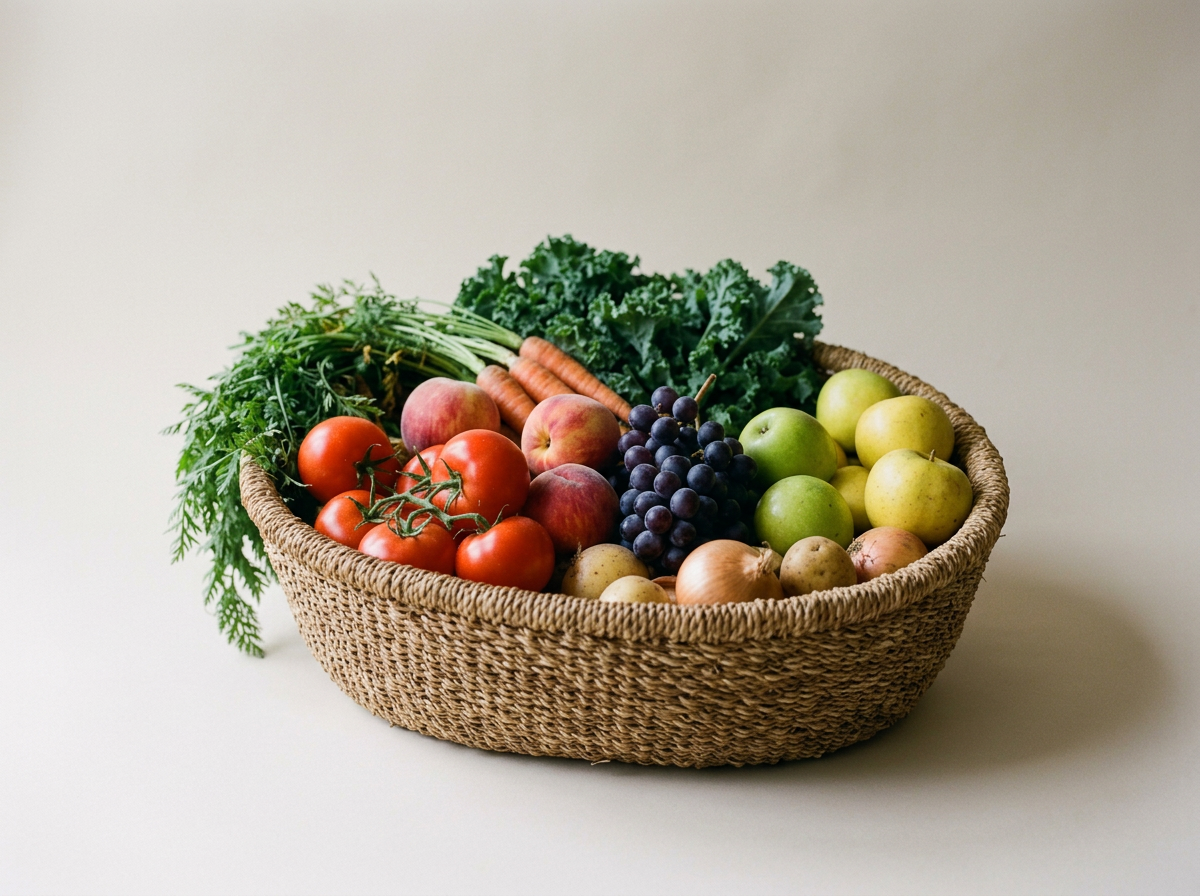 Basket filled with fresh tomatoes, apples, grapes, carrots, onions, and leafy greens on a white surface.
