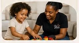A woman and a young girl playing a game together on a table in a living room.