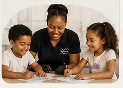 A woman smiling while helping two young girls with reading or writing at a table.