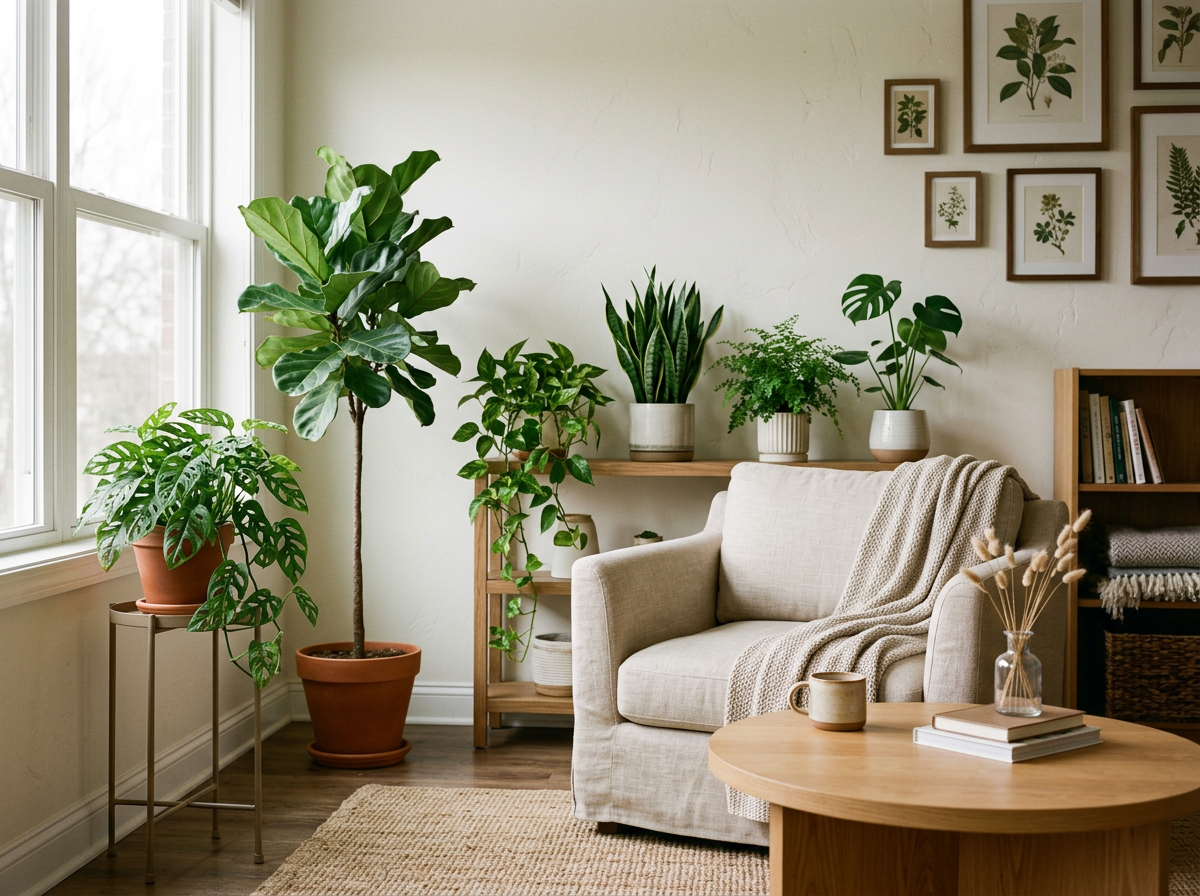 Living room with a beige sofa and a wooden coffee table, decorated with plants, framed botanical prints on the wall, and a bookshelf.
