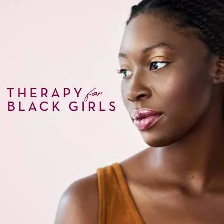Close-up of a Black woman with short curly hair, wearing an orange tank top, looking to the side, with text 'Therapy for Black Girls' on a light pink background.