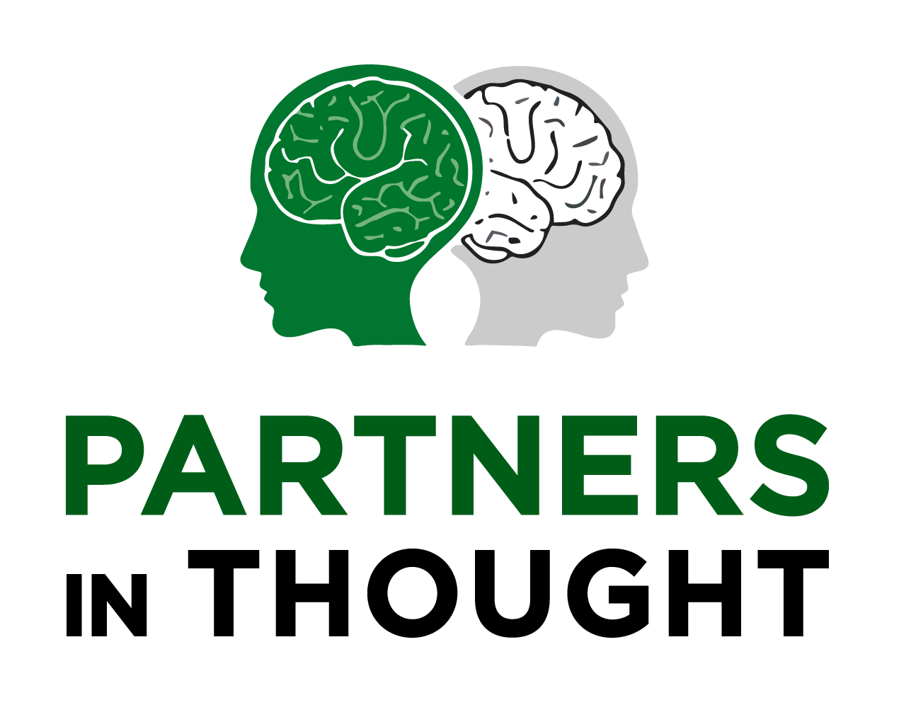 Logo featuring two overlapping human heads, one in green and one in gray, with brain illustrations inside. Below, the words "PARTNERS IN THOUGHT" with "PARTNERS" in green and "IN THOUGHT" in black.