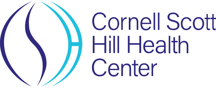 Logo for Cornell Scott Hill Health Center with stylized blue and purple curved lines and the center's name.