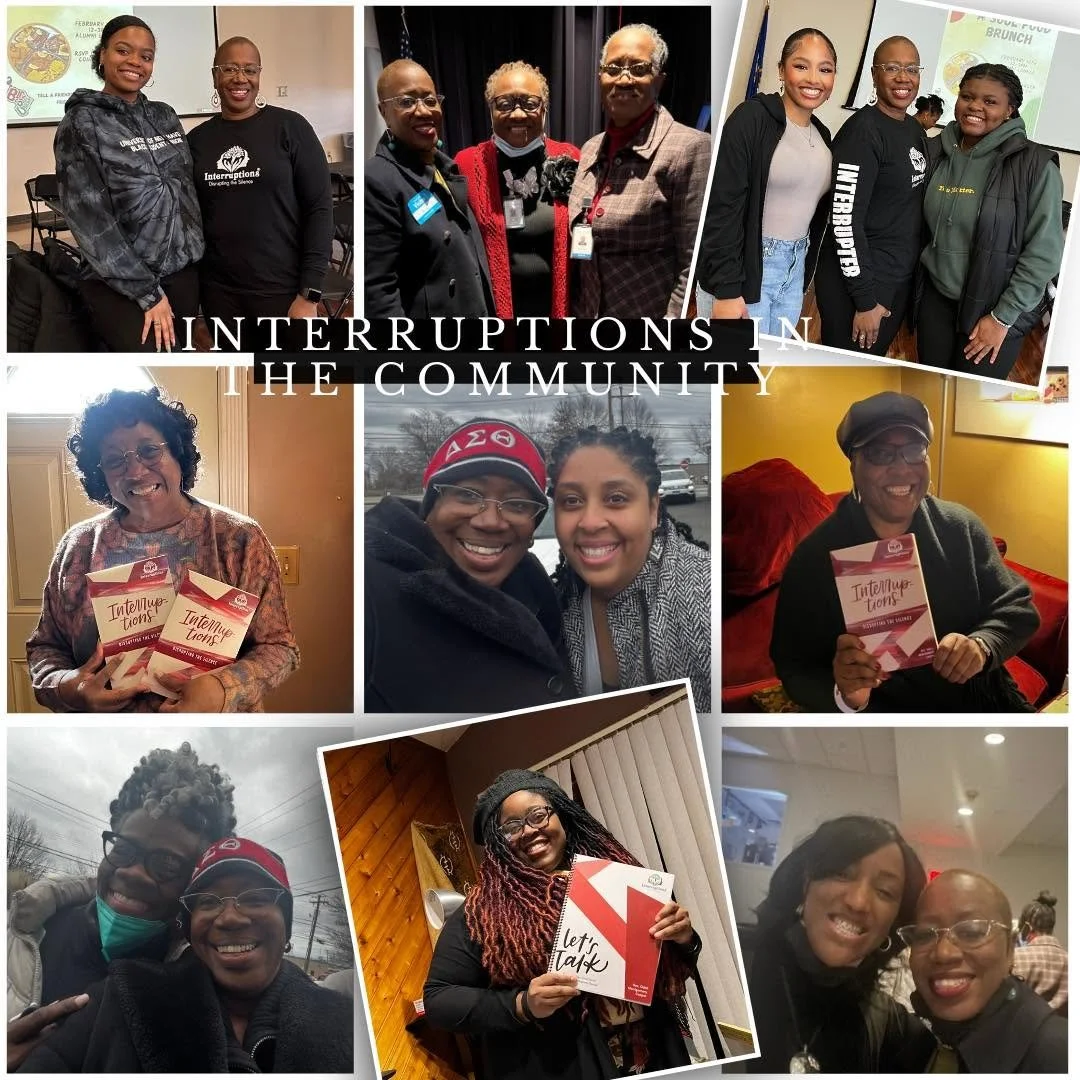 Collage of diverse women participating in community events, holding books and smiling, with the central text 'Interruptions in the Community'.