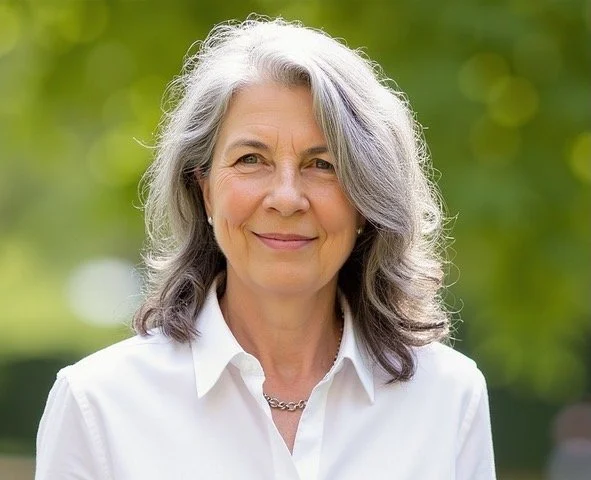 A portrait of a smiling older woman with gray hair, wearing a white blouse and a gold necklace, outdoors with a blurry green background.
