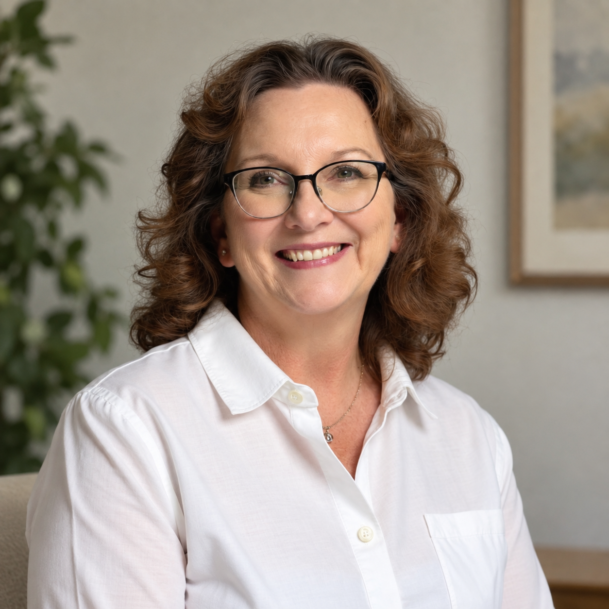 A woman with curly brown hair, glasses, and a white collared shirt smiling at the camera, sitting in an indoor setting with a blurred background.
