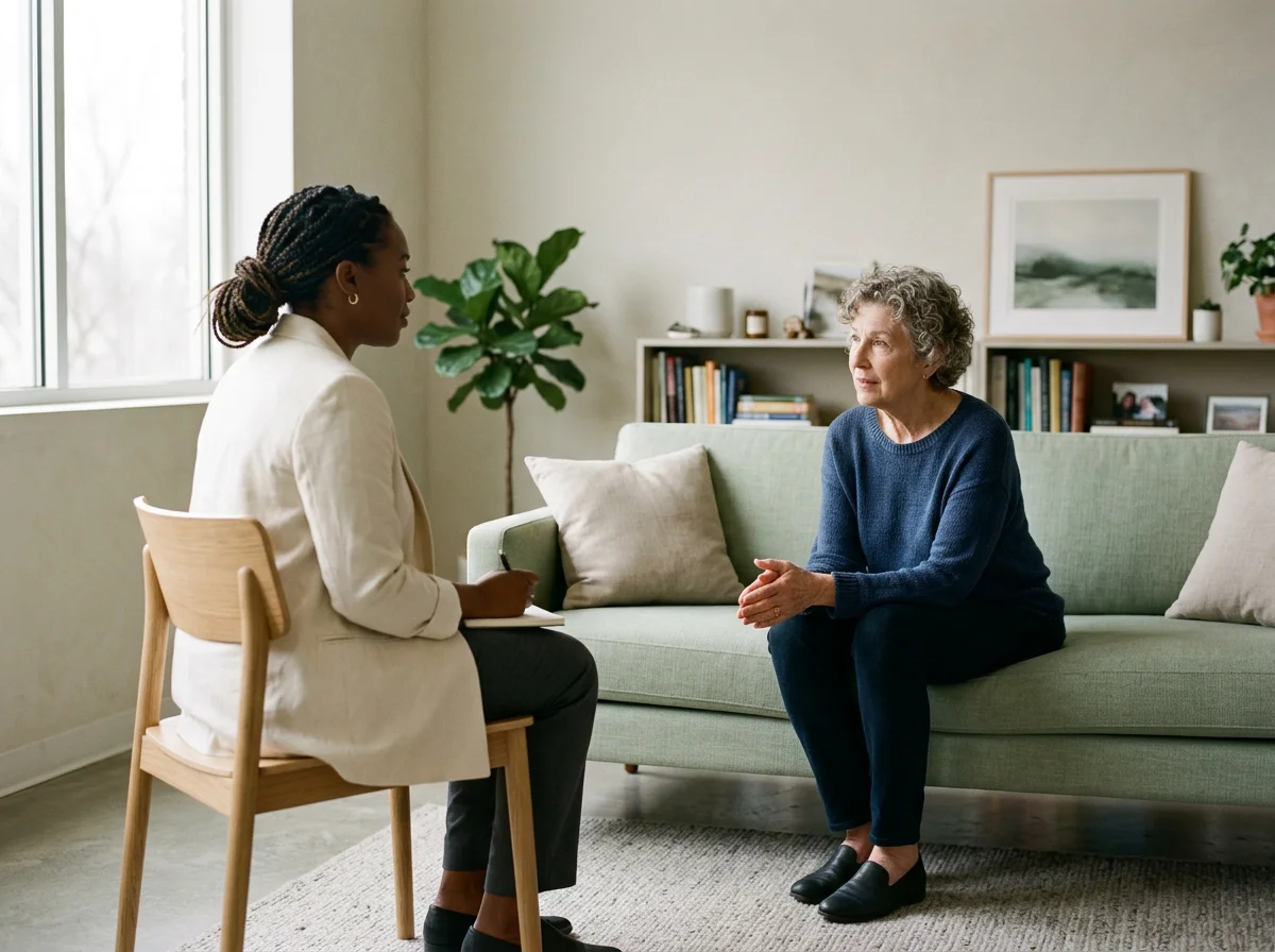 A woman with gray curly hair and a blue sweater sitting on a light green sofa, talking to a woman with black braided hair, a white blazer, and a notepad, in a well-lit living room with a window, bookshelf, and potted plants.