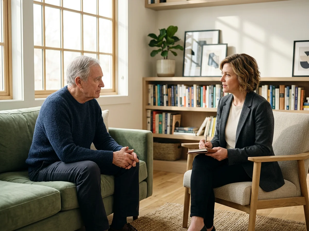 A man and a woman having a conversation in a cozy, well-lit room with large windows, a bookshelf filled with books, and framed artwork on the walls.