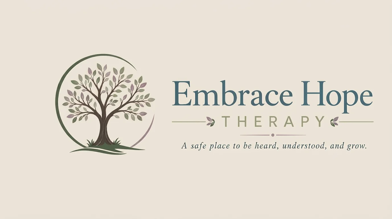 Logo for Embrace Hope Therapy featuring a stylized tree with green and purple leaves, accompanied by the text "Embrace Hope Therapy" and the tagline 'A safe place to be heard, understood, and grow.'"}