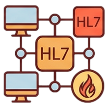 Diagram of interoperability showing two computers connected to a network with a highlighted HL7 component and a fire symbol