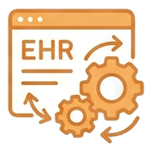 A digital illustration of an electronic health record (EHR) system with gear icons