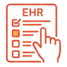 Icon of an electronic health record (EHR) form with checkboxes and a hand pointing to one of the options.