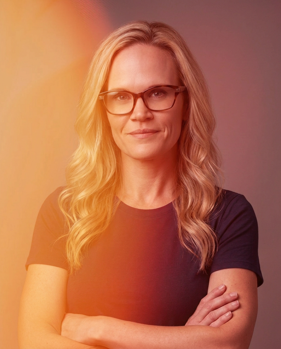 A woman with blonde wavy hair, wearing glasses and a black t-shirt, standing with her arms crossed against a gradient background.