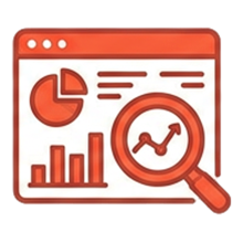 Screenshot of a data analytics dashboard showing pie charts, bar graphs, and a magnifying glass over a line graph