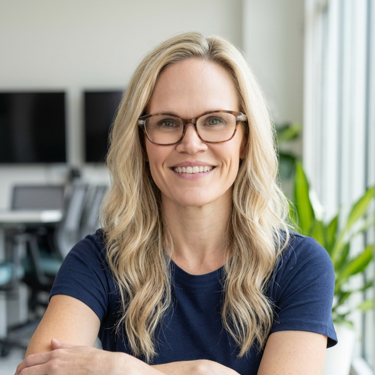 A woman with long blonde hair and glasses smiling in an office environment.