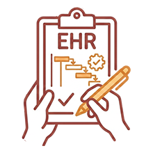 A hand holding a clipboard with 'EHR' at the top, a checklist, a gear icon, and a pencil writing on the clipboard.