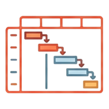 A diagram of a color-coded project plan, with various components labeled by different colors: red, brown, blue, and yellow.